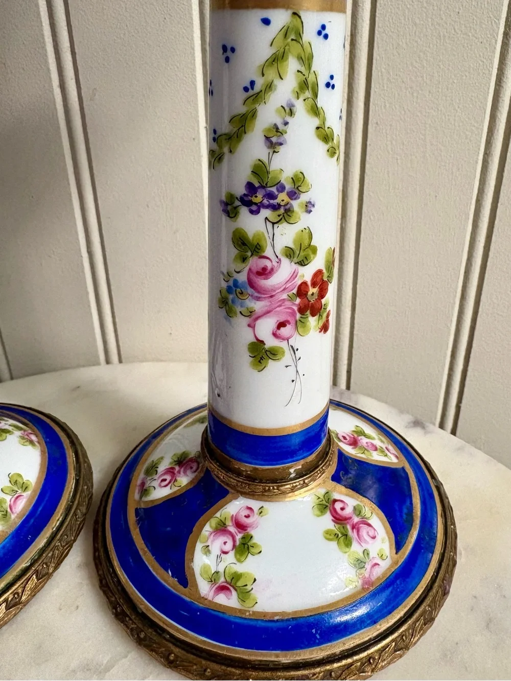 Antique L.P. Paris Sèvres-Style Porcelain & Bronze Hand-Painted Candlesticks VTG